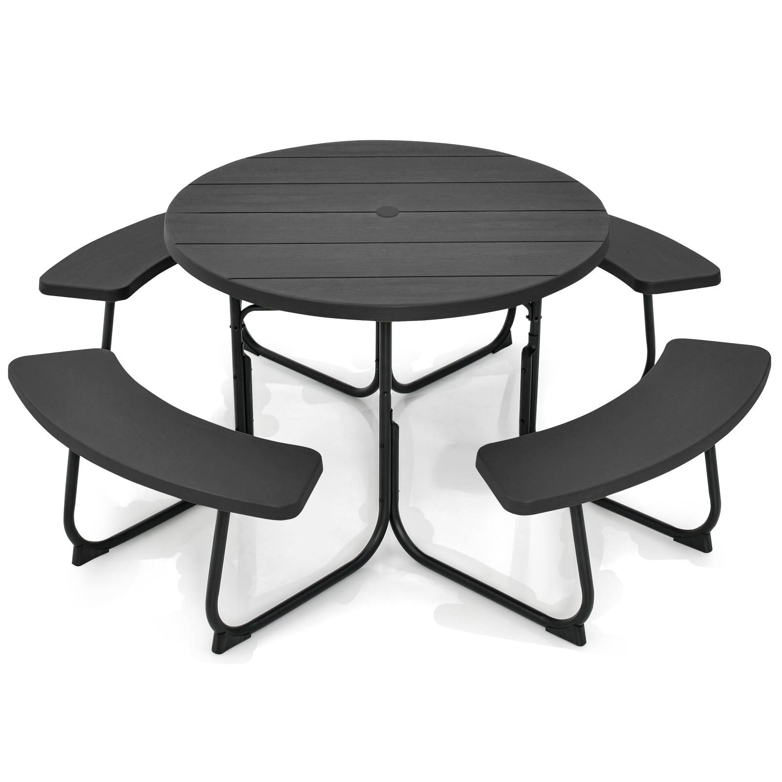 Tangkula 8 Person Picnic Table, Outdoor Round Picnic Table with 4 Built-in Benches, Umbrella Hole